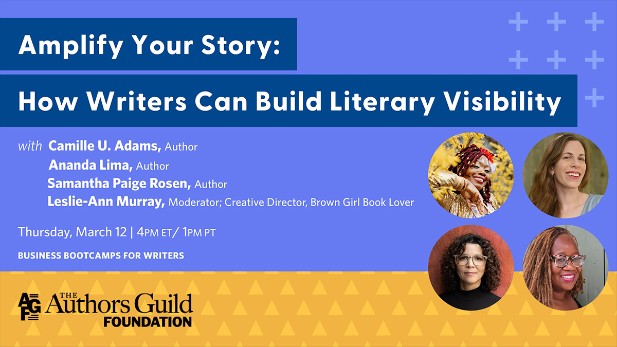 Image with a blue background promoting a webinar titled "Amplify Your Story: How Writers Can Build Literary Visibility."