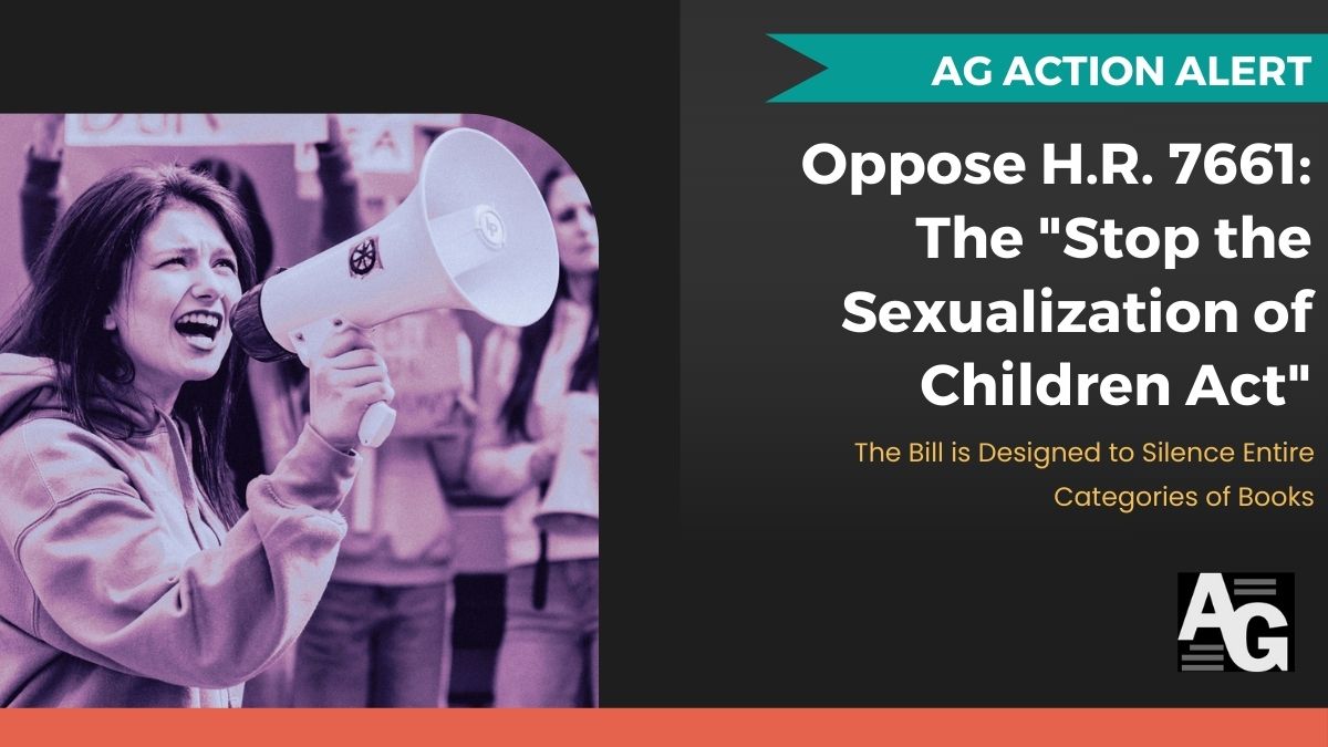 Image of a person with a bullhorn amid a protest, an Authors Guild action alert opposing the "Stop the Sexualization of Children" Act.