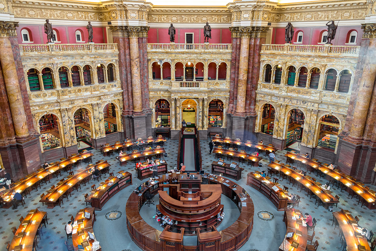Overhead view of the interior of the Library of Congress in Washington, DC
