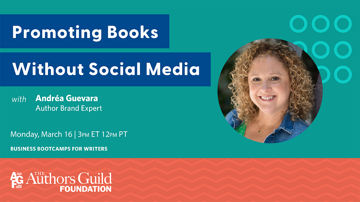 Image with a green and orange background with a header that promotes a webinar focusing on "Promoting Books Without Social Media"