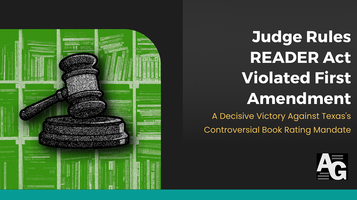 Stylized grayscale gavel over bookshelves with green filter next to article headline