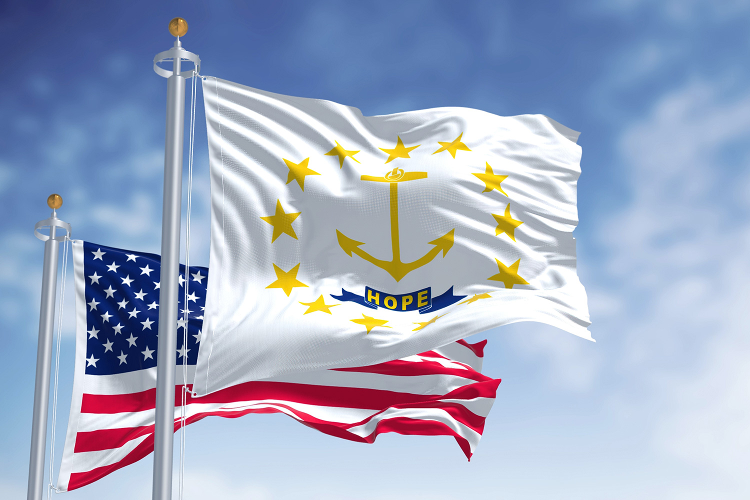 Rhode Island state flag with 13 gold stars around a gold anchor against a white field